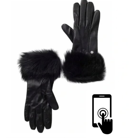 UGG Black Leather Real Fur Cuff Tech Gloves XS Small Petite NEW - Picture 1 of 6